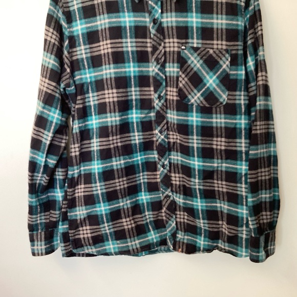 Quiksilver Long Sleeve Plaid Button Up Flannel Shirt - Black/Teal - M - Picture 3 of 6